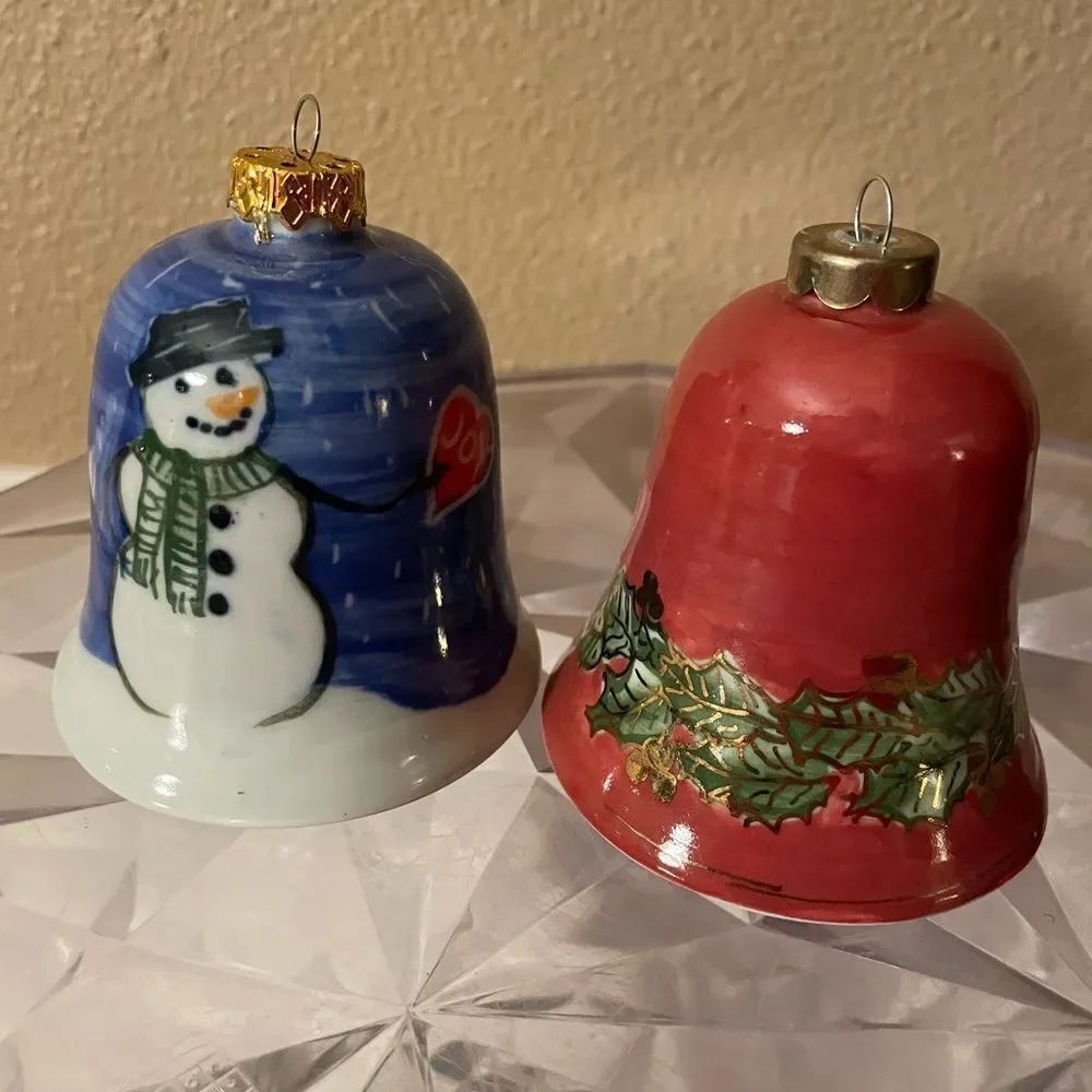 Porcelain Hand Painted Christmas Bell Ornaments 2007 & 2012 Snowman Poinsettia